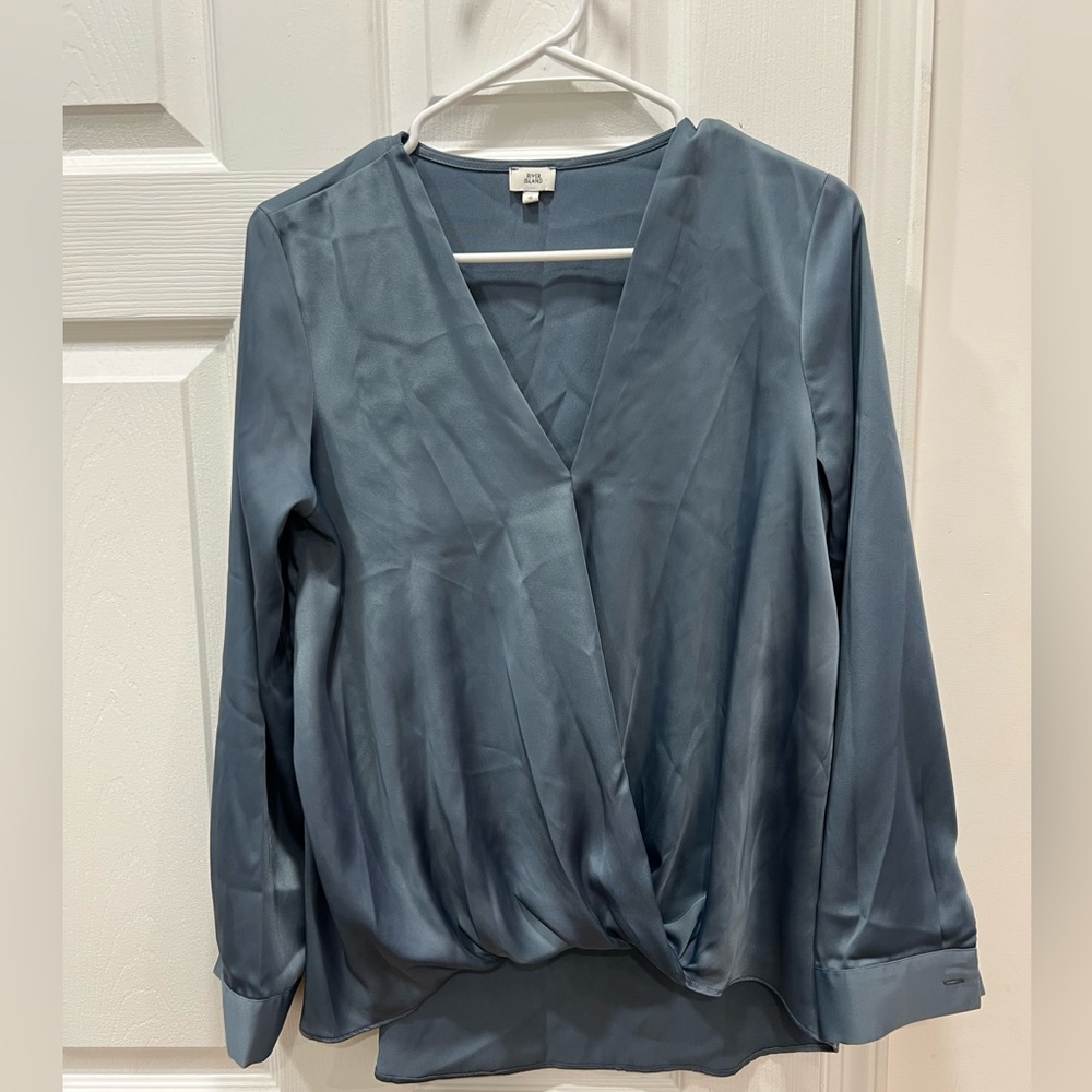 River Island silver blue satin long sleeve faux wrap blouse size UK 10 women